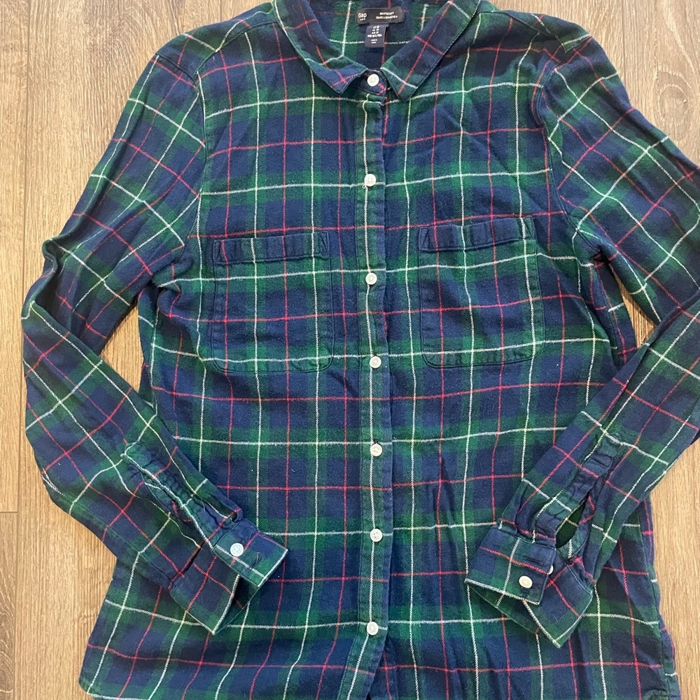 Gap Boyfriend Shirt Women Button up Flannel in Blue & Green Tartan Plaid Size M - Picture 5 of 6